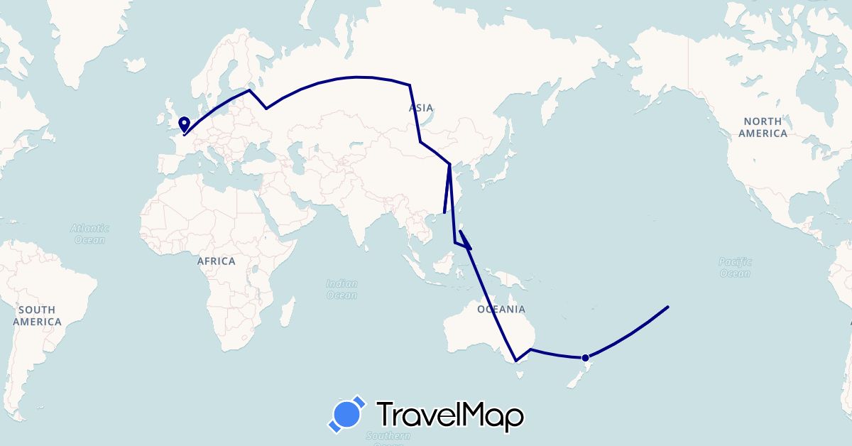 TravelMap itinerary: driving in Australia, China, France, Hong Kong, Mongolia, New Zealand, French Polynesia, Philippines, Russia (Asia, Europe, Oceania)
